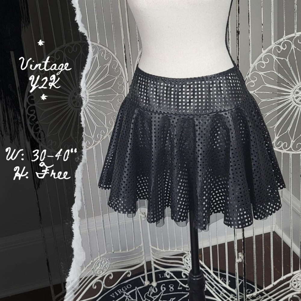 🚫SOLD🚫 Vintage Hole Punched PVC Layered Mesh Y2K Mini Skirt Black Faux Leather